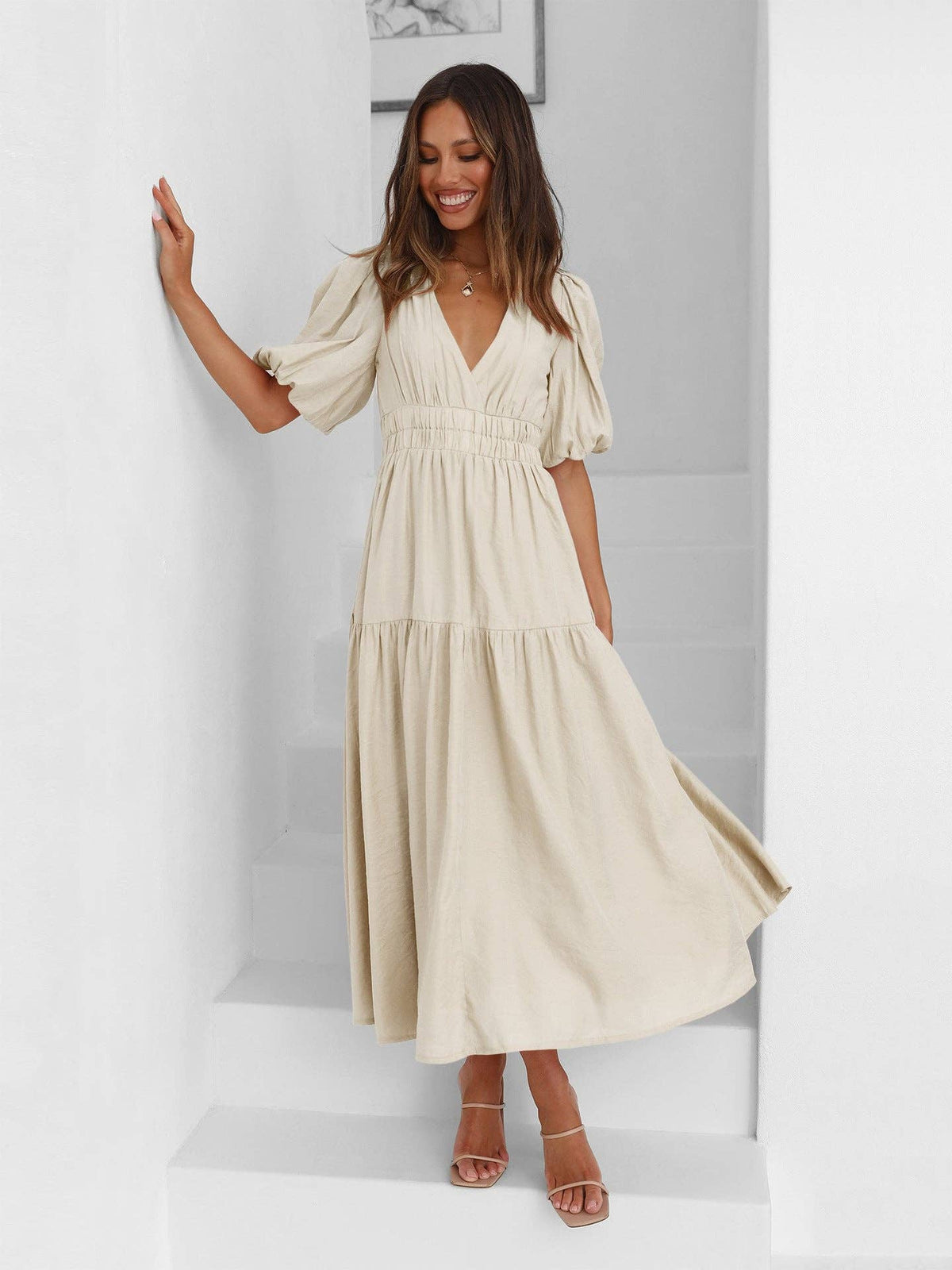 Ladies Bubble Sleeves V-Neck Daily Midi Dress Apricot
