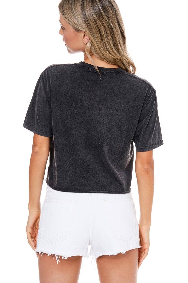 Let's Go Girls Graphic S/S Washed Faux Crop Tee: Black