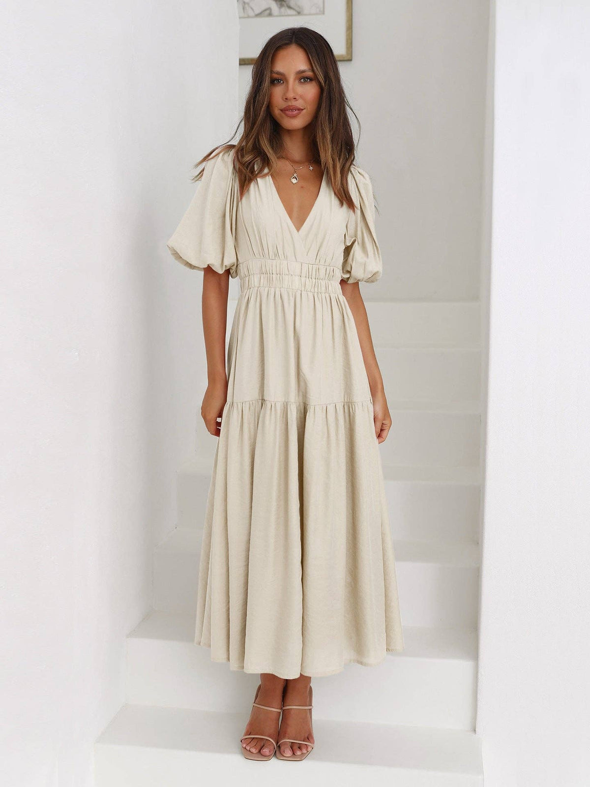 Ladies Bubble Sleeves V-Neck Daily Midi Dress Apricot