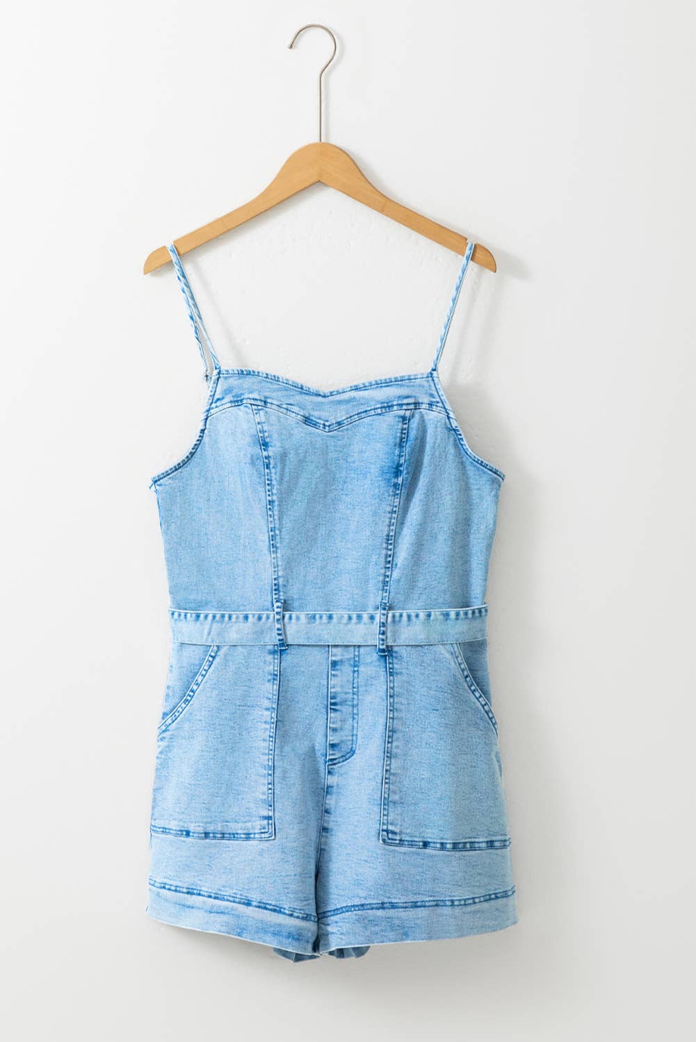 Spaghetti Straps Belted Spring  Denim Romper: Beau Blue