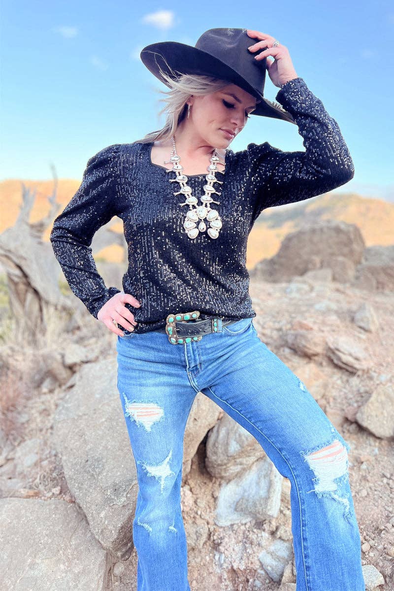 Bubble Bling Babe Black Sequin Women's Blouse