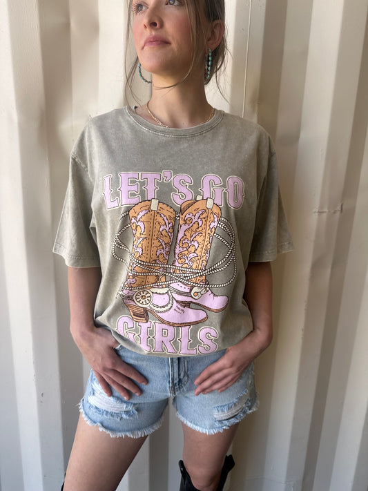 Let's Go Girls Boots Graphic S/S Washed Boyfriend Fit Tee: Mocha