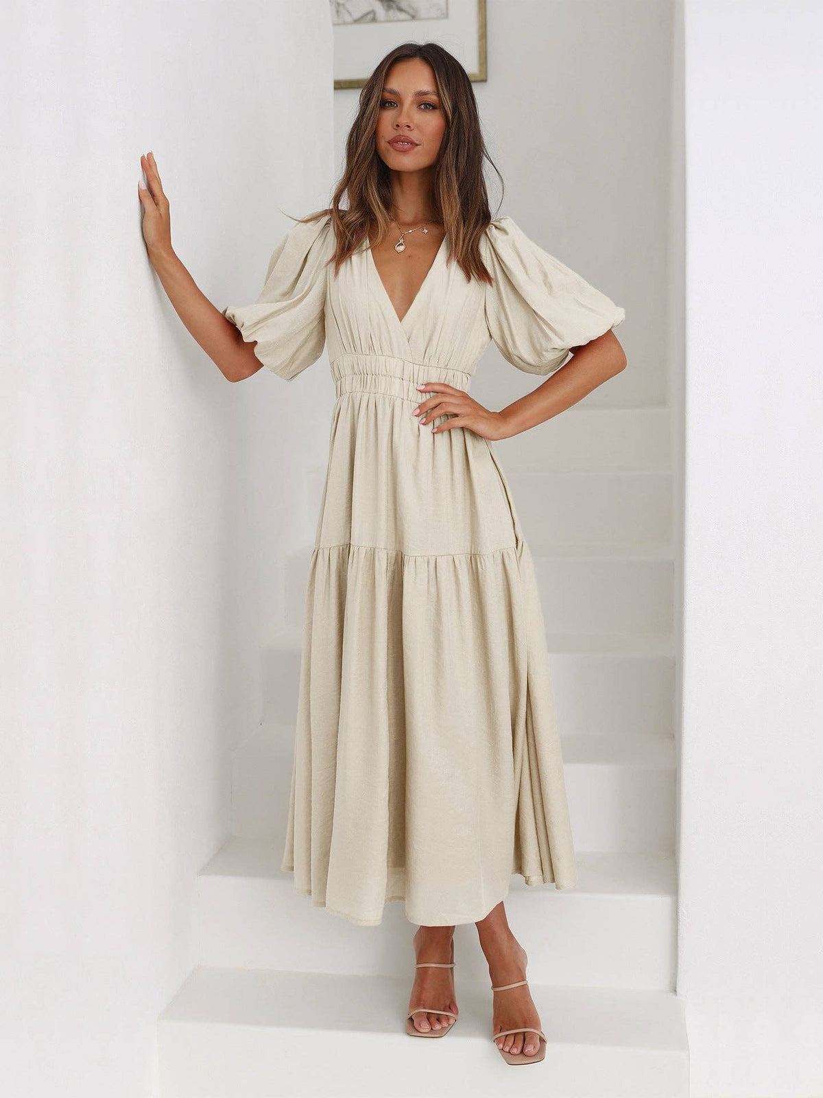 Ladies Bubble Sleeves V-Neck Daily Midi Dress Apricot
