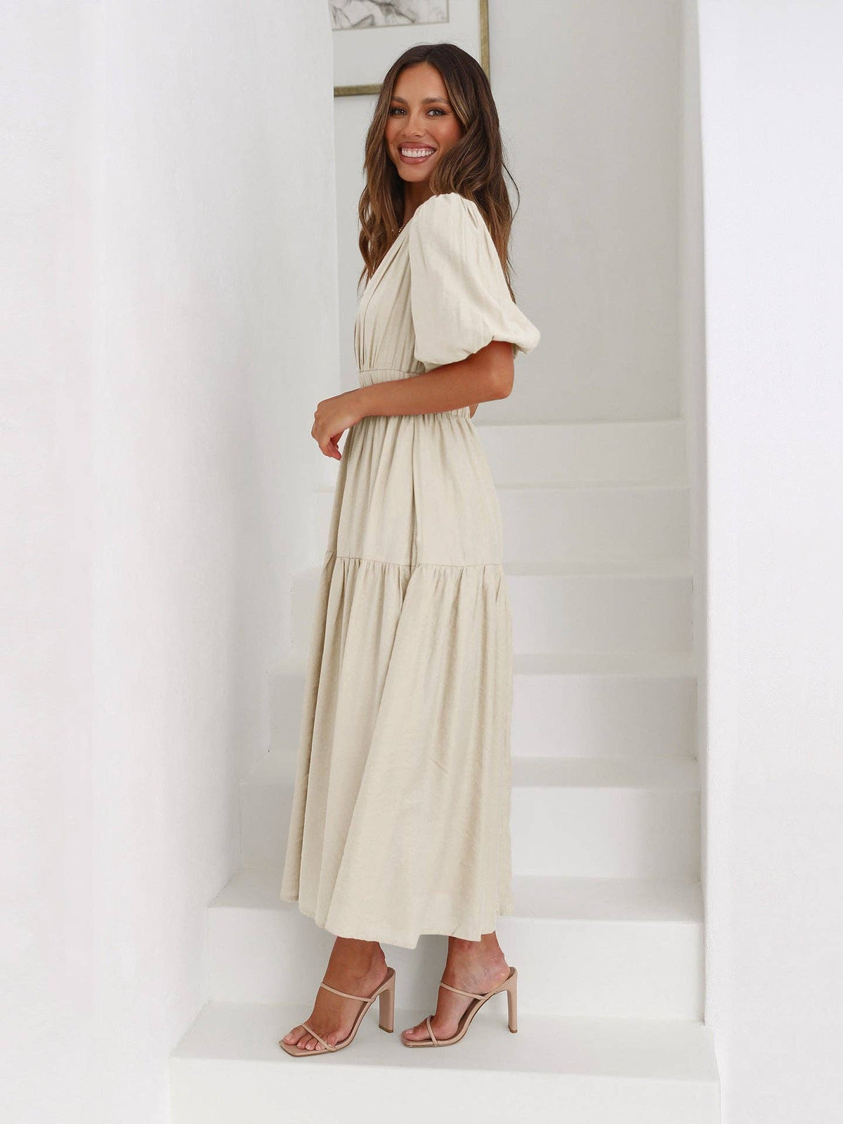 Ladies Bubble Sleeves V-Neck Daily Midi Dress Apricot
