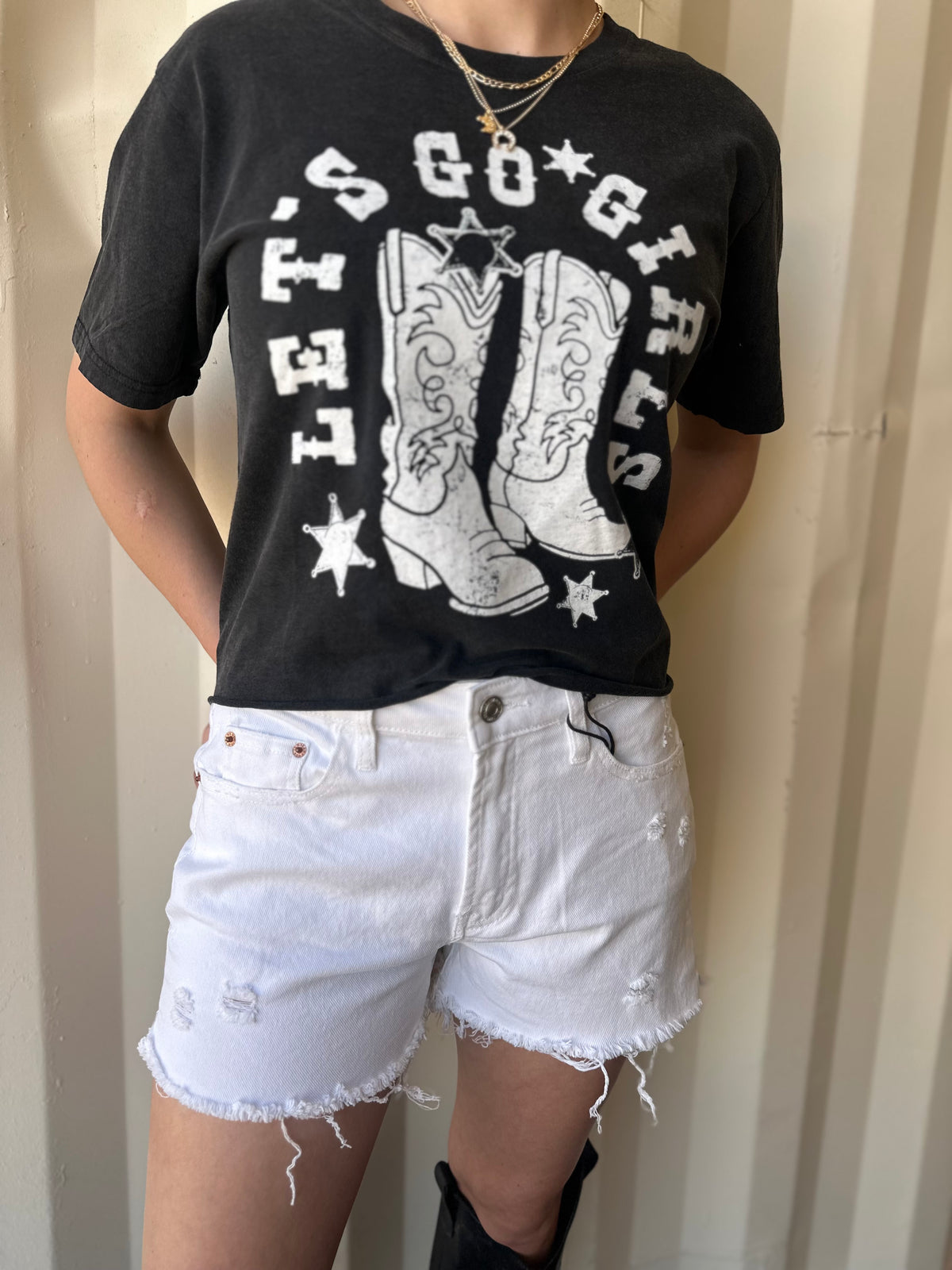 Let's Go Girls Graphic S/S Washed Faux Crop Tee: Black