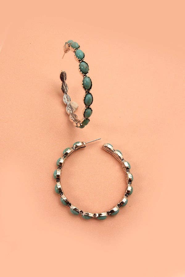 WESTERN TURQ STONE HOOP EARRINGS | SILVER