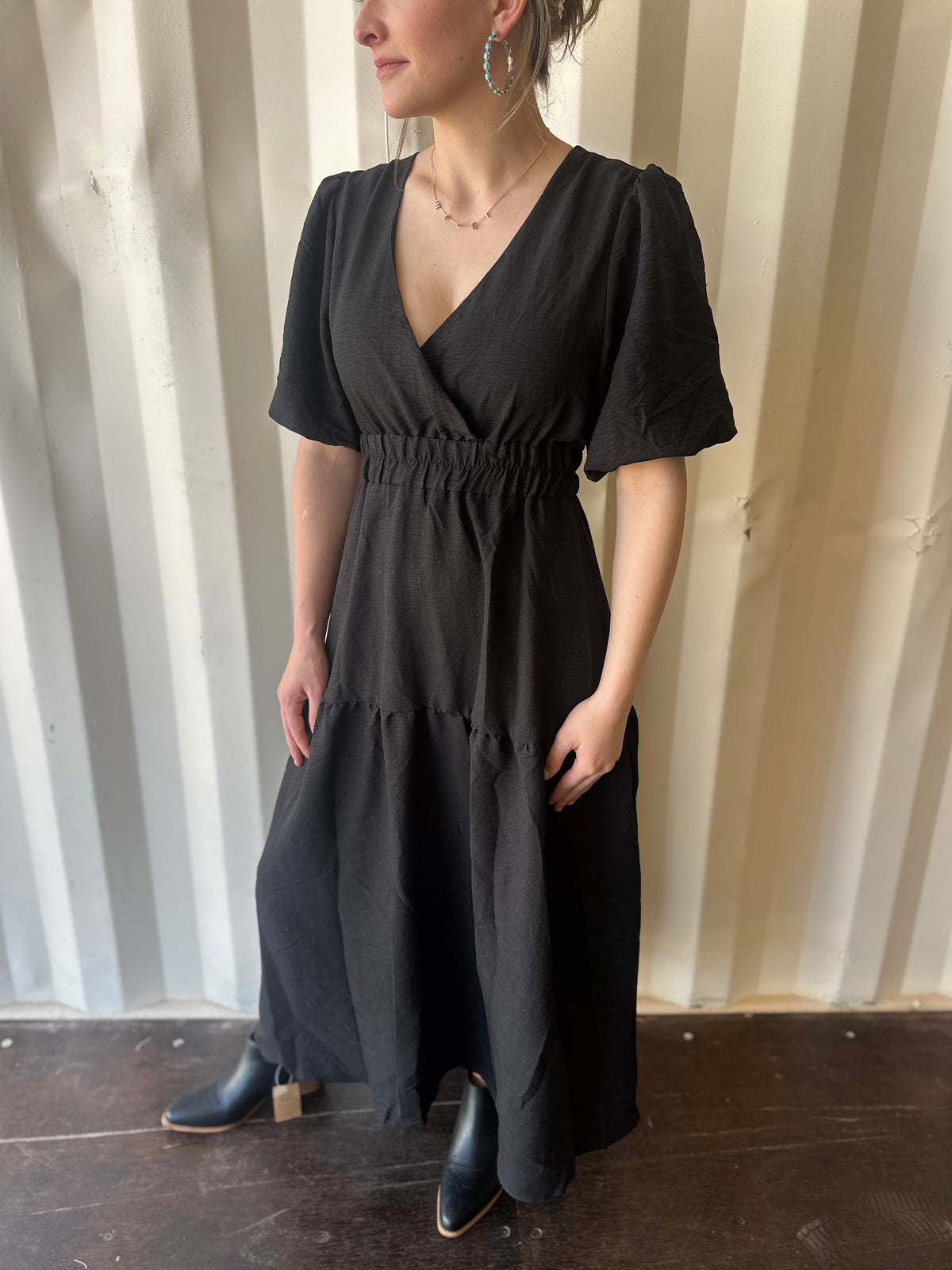 Ladies Bubble Sleeves V-Neck Daily Midi DressBlack
