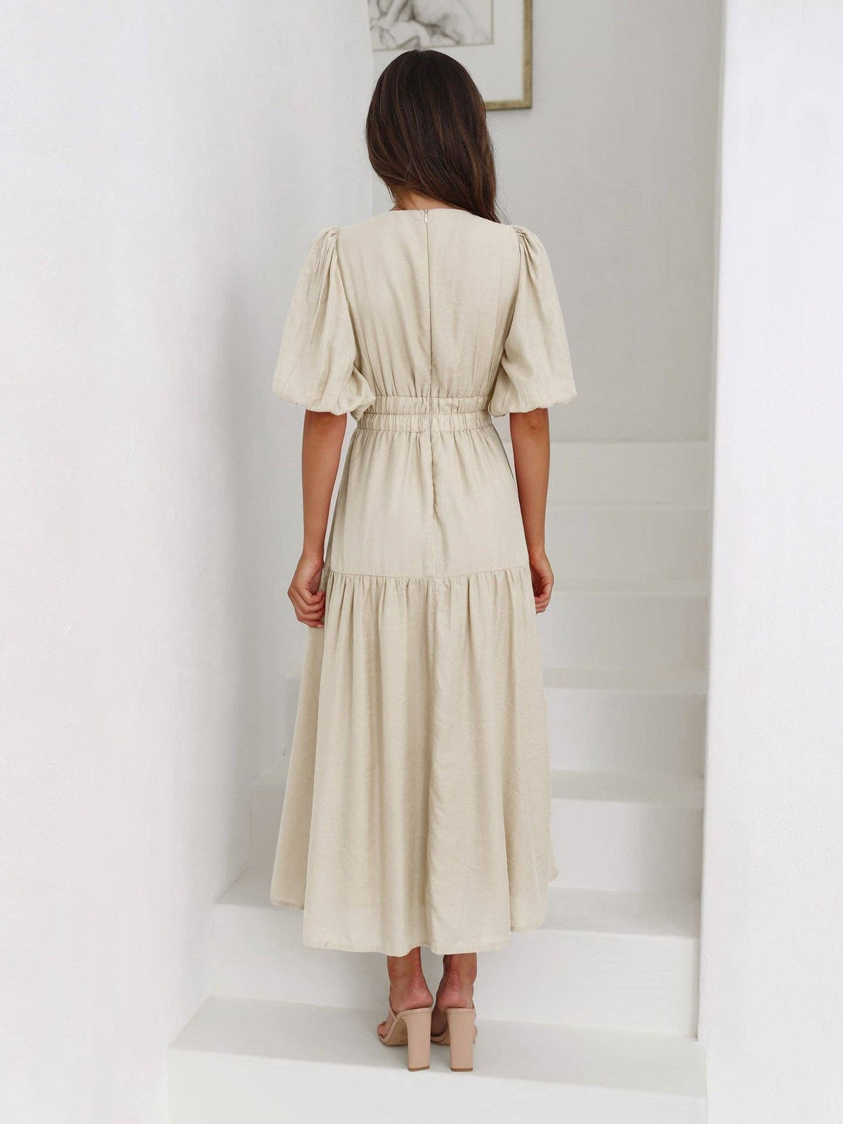 Ladies Bubble Sleeves V-Neck Daily Midi Dress Apricot