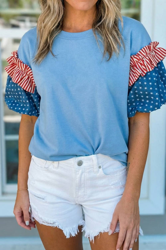 Stars Stripes Short Puff Sleeve Top | S-XL